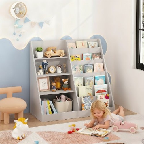 Kids Bookshelf and Toy Storage Organizer 4 Tier Wooden Book Shelf with Storage Bookcase for Kids Room Playroom Nursery