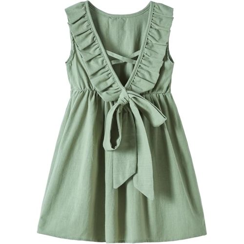 Rysly Toddler Baby Girls Cotton Linen Plaid Dress with Ruffle Back Straps and Bow Kids Casual Dress