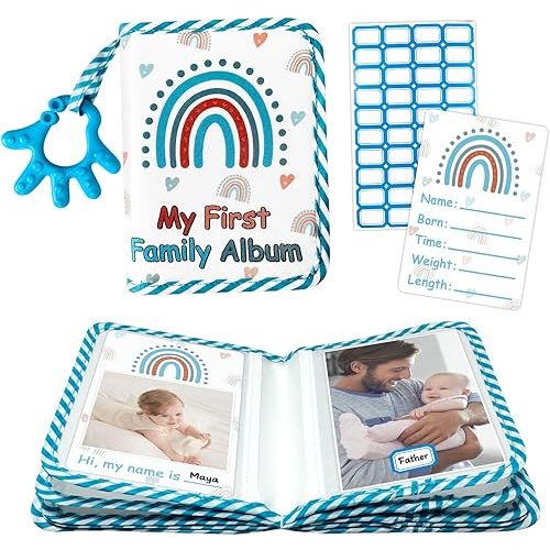 My First Family Photo Album for Baby, 4x6" Baby Photo Albums, Soft Toddler Photo Album with Milestone & Large Safety Mirror, Personalized Kids Baby Shower Gifts(Blue Hand)