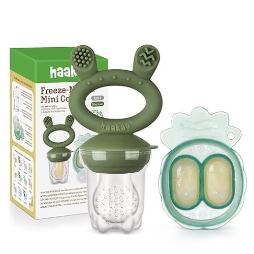 Haakaa Baby Fruit Food Feeder & Mini Freezer Nibble Tray Combo, Breastmilk Popsicle Molds for Baby Cooling Relief, BPA Free Silicone Feeder for Safe Infant Self Feeding, 4 Month+(Olive Green) - OliveGreen