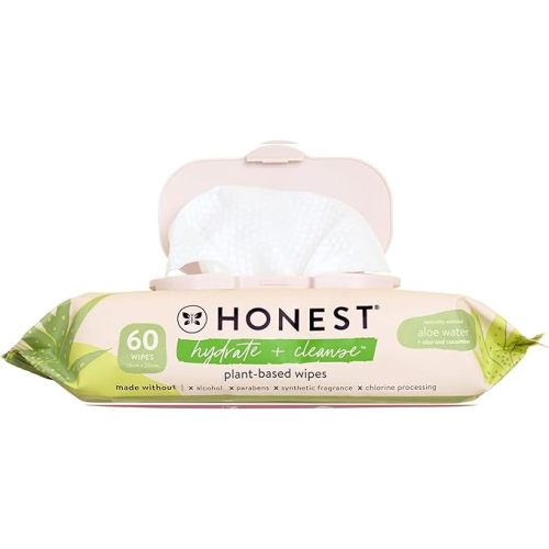 The Honest Company Hydrate + Cleanse Naturally Scented Wipes | Cleansing Multi-Tasking Wipes | 99% Water, Plant-Based, Hypoallergenic | Aloe + Cucumber, 60 Count - Aloe Cucumber Hydrate - 60 Count (Pack of 1)