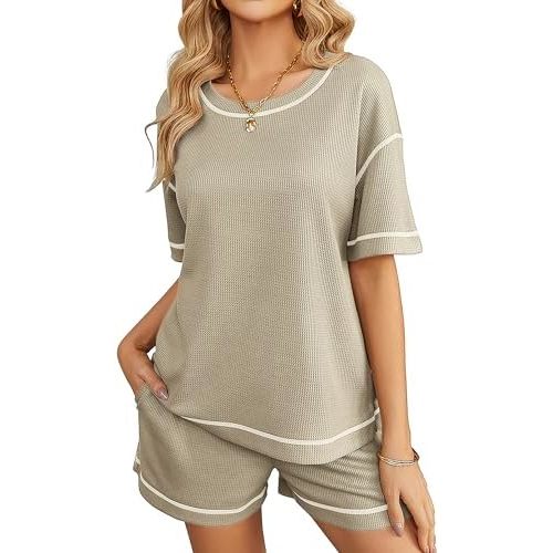 Ekouaer Pajamas for Women Set Waffle Knit Pajama Set 2 Piece Lounge Sets Loungewear PJS With Pockets