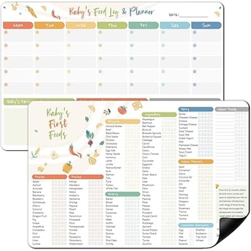 2 Pack Baby First Food Checklist, Baby First Foods Tracker Fridge Magnet & Daily Food Log Meal Planner, 12"x8" Dry Erase Baby Foods Chart, 101 Foods Before 1 Checklist Magnet