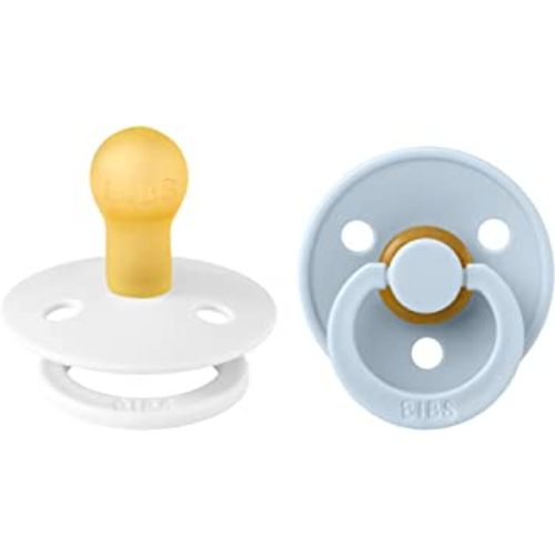 BIBS Pacifiers | Natural Rubber Baby Pacifier | Set of 2 BPA-Free Soothers | Made in Denmark | Baby Blue/White | Size 0-6 Months