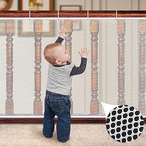 Banister Guard 16.4 ft L x 3 ft H, Deck Safety Net for Baby Proofing, Balcony Mesh Netting, Stairway Deck Rail Mesh Netting for Child Safety, Pet Safety & Toy Safety-White