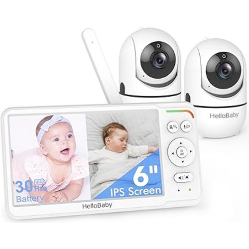 HelloBaby World's First 6" IPS Split Screen Baby Monitor with 2 Cameras - No WiFi, 30hr Battery, 355° Pan-Tilt, Night Vision, 1000ft, Portable Travel Video Audio Monitor with Temp Alert/Lullabies/VOX