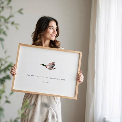PRINTED Mallard bible verse wall art, Fearfully and Wonderfully Made, Woodland duck nursery, Baby shower gift, Minimalist, Christian gifts