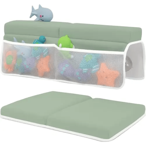 Baby Bath Kneeler and Elbow Rest Pad Set - Baby Bath Support for Knees and Elbows - Bath Kneeler Pad with Memory Foam and Bath Toys Organizer - Ideal Bath Kneeling Pad for Bathing Baby - Green