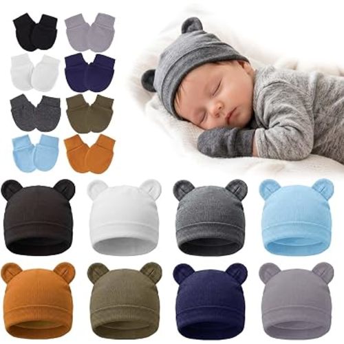 Newborn Baby Bear Ears Hats and Mittens Sets Preemie Infant Baby Boy Girl Beanie Hats Gloves Infant Hospital Beanie for 0-3 Months Multicolor