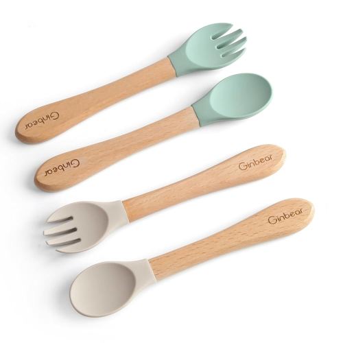 Ginbear Silicone Baby Spoons and Forks Self-feeding Months, Soft-Tip Baby Flatware Sets, Toddler Feeding Utensils for Child, 4 Piece Set (Hazy Green/Almond)