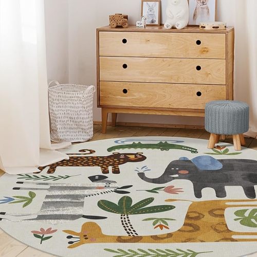 RUGGABLE Washable Area Rug – Animal Safari Multicolor 6 ft Round, Stain-Resistant, Non-Slip – Medium Machine Washable Rugs for Living Room, Bedroom, Hallway, Entryway & Office–with Standard Pad