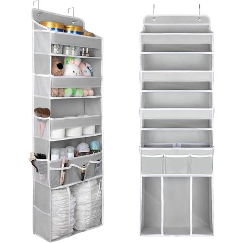 Over the Door Organizer, 5 Tiers Hanging Nursery Storage Closet Organizer with Movable Shelf, Large Capacity Caddy, 10 Side Pockets, Back of Door for Bedroom Bathroom Dorm Decor, Grey