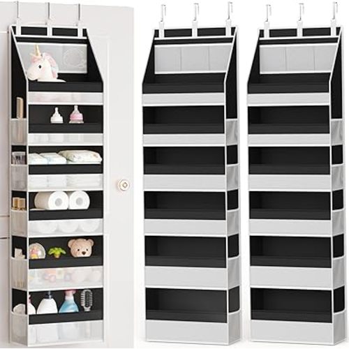 Criusia 2 Pack Over the Door Organizer, Heavy-Duty 6-Shelf Hanging Storage with 13 Mesh Pockets, 55lbs Capacity Behind the Door Storage for Nursery, Bathroom, Bedroom, and Dorm, Black