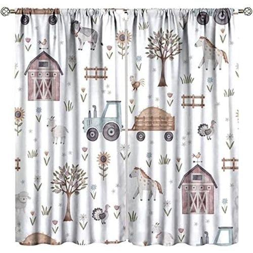 Cartoon Farmhouse Curtains for Kids, Autumn Watercolor Farm Animals Horse Cow Sheep Sunflower Leaves Tractor Print Window Treatments for Baby Boys Girls Bedroom Living Room, 42" W X 45" L