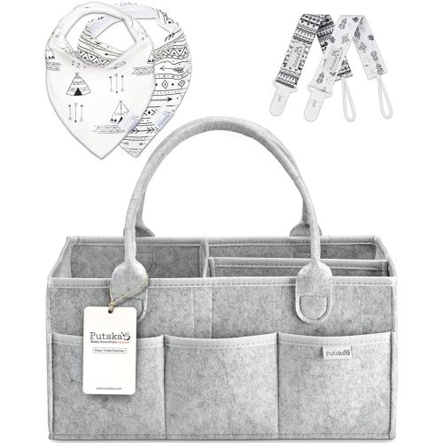 PUTSKA Baby Diaper Caddy Organizer Set, Gray, Unisex, 2 Organic Drool Bibs, 2 Pacifier Clips, 8 External Pockets, 3 Compartments, Foldable, Lightweight, Portable