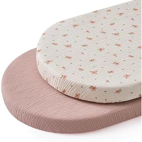 Blissful Diary Muslin Bassinet Sheets for Baby Girls Boys, Boho Soft Cotton Fitted for Oval Hourglass Rectangle Mattress, 2 Pack(Pink Floral&Light Pink)