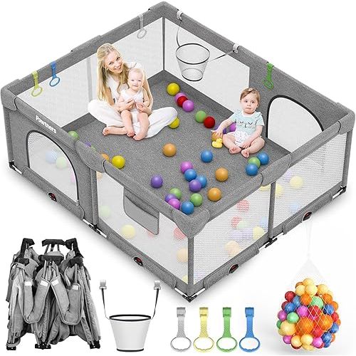 Foldable Playpen for Babies and Toddlers: 71"L x 59"W x 27"H, Large Kids Playpen, Portable Baby Play Yard for Indoor and Outdoor Play Area, Baby Gate Playpen with 50PCS Ocean Ball, 4 Handles, 1 Basket