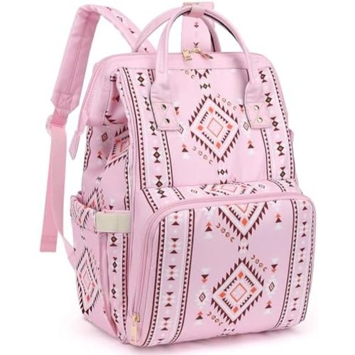 Boho Diaper Bag Backpack for Mom Dad, Multifunctional Bohemia Baby Nappy Backpack with Stroller Straps Insulated Pockets (Pink)