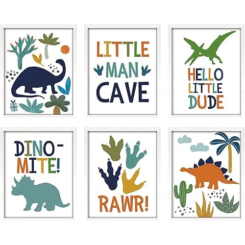 ArtbyHannah 6 Pack 8x10 Inch Framed Nursery Wall Art Decor with White Picture Frames and Decorative Watercolor Dinosaurs Art Prints for Kids Room, Playroom, Nursery Room Decoration, Dino Room Decor