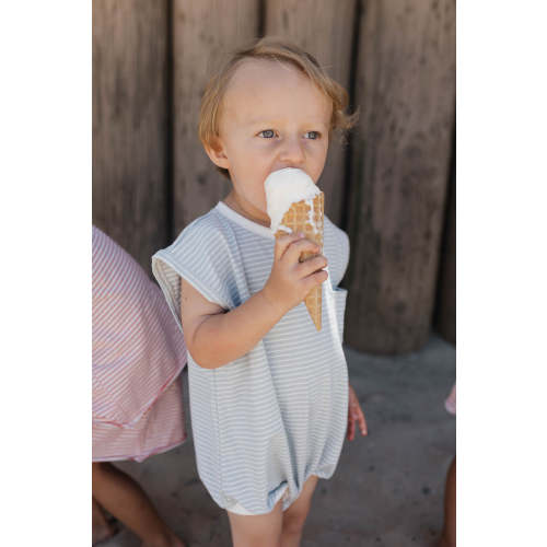 Benny Sleeveless Romper in Blue with White Stripes