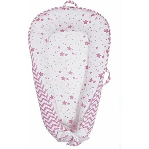 Baby Nest, Baby Lounger, Organic Cotton Lounger for Baby, Reversible Breathable Adjustable Portable - Star Collection (Pink)