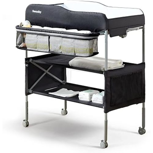 Sweeby Portable Baby Changing Table, Foldable Changing Table Dresser Changing Station for Infant, Waterproof Diaper Changing Table Pad Topper, Mobile Nursery Organizer for Newborn Essentials (Black)