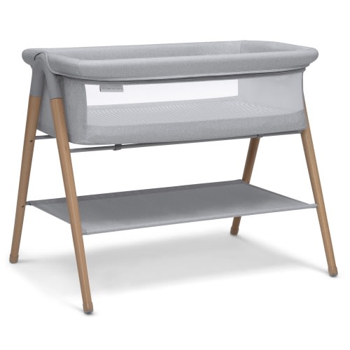 Delta Children Haven Beechwood by the Bed Bassinet with Breathable Mesh and Natural Beechwood Legs, Grey Stripe
