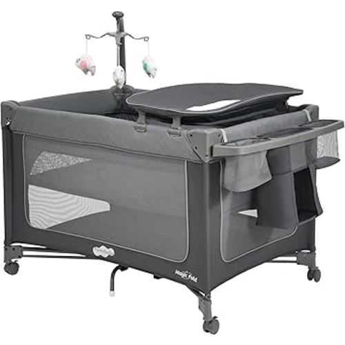 Pamo Babe 1-Second Setup 3-in-1 Playard for Babies - Heavy-Duty Steel Frame for Safe Sleep Space, Portable Crib with Zip Door & Changing Table, Locking Wheels, Breathable Mesh