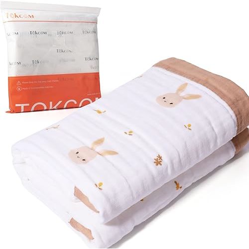 Swaddle Blankets, 6-Layer Gauze Receiving Blanket, Unisex Swaddle Wrap, Baby Bath Towels, Soft Cotton, Hooded, Flower (Rabbit)