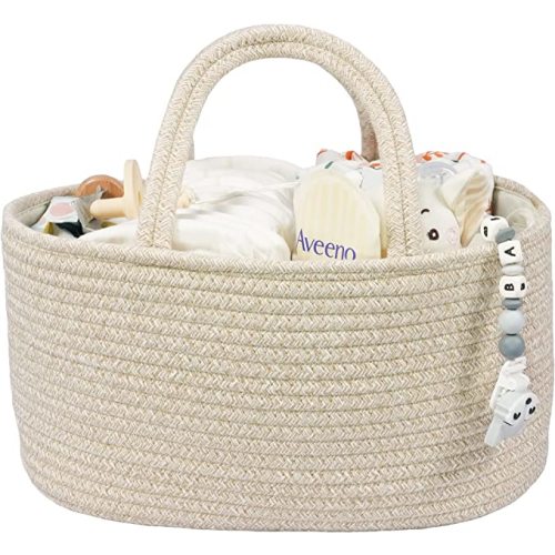 Baby Diaper Caddy Organizer for Girl Boy Cotton Rope Nursery Storage Bin Basket Portable Holder Tote Bag for Changing Table Car Travel Baby Shower Gifts Newborn Registry Must Have Items oatmeal - Regular
