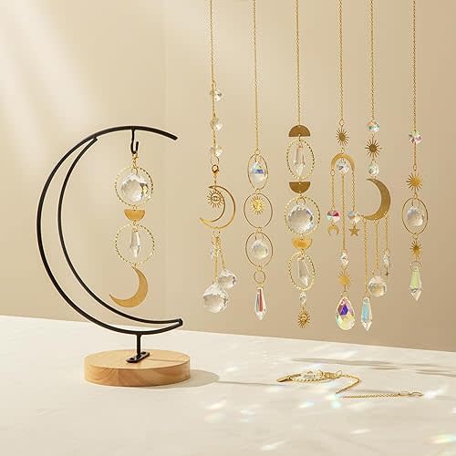 Baffect Crystal Suncatchers for Indoor Window with Chain Pendant Ornaments, 8 Pcs Sun Catcher Kit Include 4 Fixed Hanging Crystals Suncatchers, 3 Removable Rainbow Maker & 1 Tabletop Holder