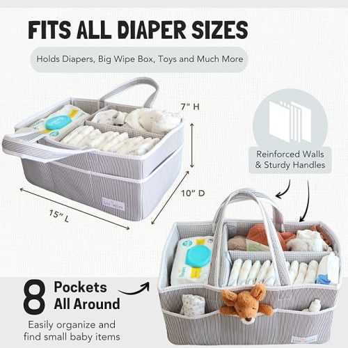 Lily Miles Baby Diaper Caddy Organizer - Baby Shower Basket for Newborn Boys or Girls - Nursery Must Haves for New Mom - Baby Registry Favorites - Large Storage Tote for Changing Table or Car, Gray