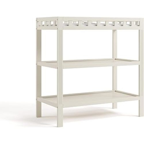Storkcraft Morningside Changing Table (Frosted Oat) – GREENGUARD Gold Certified Baby Changing Table, Includes Waterproof Diaper Changing Pad, Easy 30-Minute Assembly, 2 Open Shelves for Storage