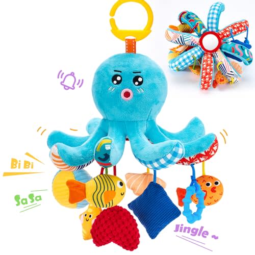 hahaland Baby Toys 0-6 Months - Octopus Toy with Pulling Cords, Squeaky, Crinkle, Rattle, Mirror - Montessori Toys Developmental Newborn Sensory Toy 2 3 4 Month Babies Gifts Easter Basket Stuffers