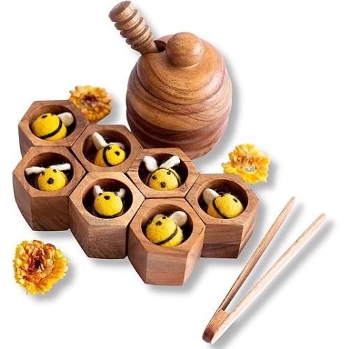 Wooden Bee Hive Sorting & Stacking Toys for Toddlers -Learning Montessori Toys for 3 Year Old - Fine Motor Skill Tactile Toys - Sensory Bin Toys