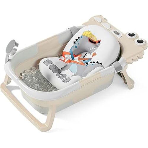 TPN Collapsible Baby Bathtub for Infants to Toddler with Real-time Temp Monitor+Floating Cushion,Foldable Baby Bath Tub Set Applicable 0-36 Month,Perfect Portable Travel Baby Tub for Newborns Boy
