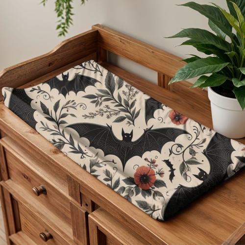 Bat Print Changing Pad, Gothic Nursery Decor, Floral Baby Shower Gift, Cottagecore Diaper Changing Mat, Dark Nursery Room Accessories