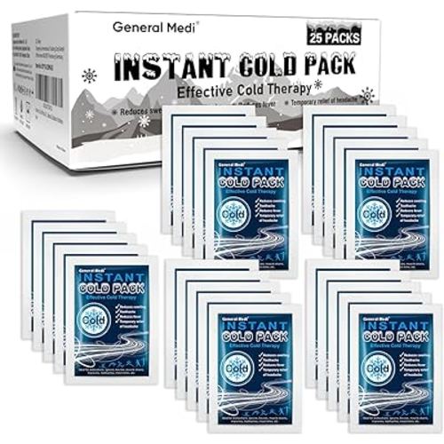 General Medi Instant Ice Cold Pack (4”x 5.5”) – 25 Packs Disposable Cold Therapy Ice Packs for Pain Relief, Swelling, Inflammation, Sprains, Toothache – for Athletes & Outdoor Activities