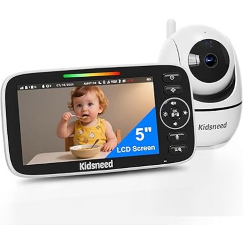 Kidsneed Baby Monitor with Camera and Audio – 720P Baby Camera, 5 inch Large Display, 5000mAh Battery, Night Vision, Remote Pan, Tilt, and Zoom – Two-Way Talk, Lullabies, Thermal Monitor, 960ft Range