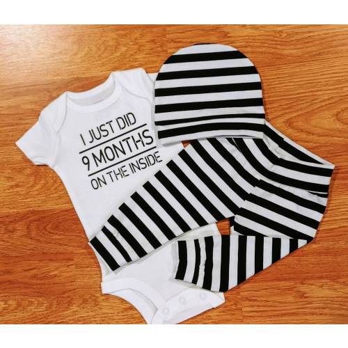 Black White, I Just Did 9 Months On The Inside, take home outfit, going home outfit, monochrome, stripes, baby boy, funny baby