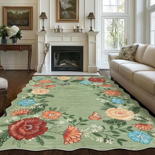 5x7 Machine Washable Rug Vintage Floral Print Area Rug Scalloped Carpet-Stain Resistant,Non Slip Non Shedding,Easy To Clean,Low Pile Floor Cover