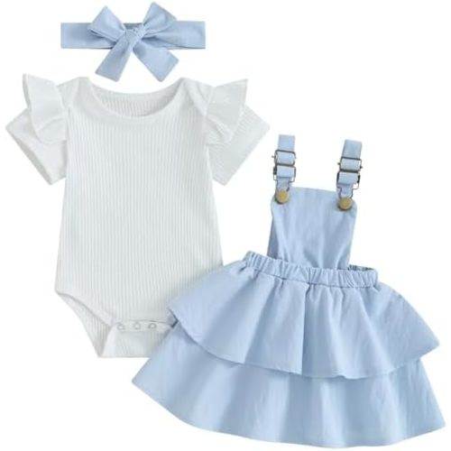 Mubineo Baby Girl Summer Clothes Cute Outfits Short Sleeve Romper Overall Skirt Dress Headband 3PCS Newborn Outfit