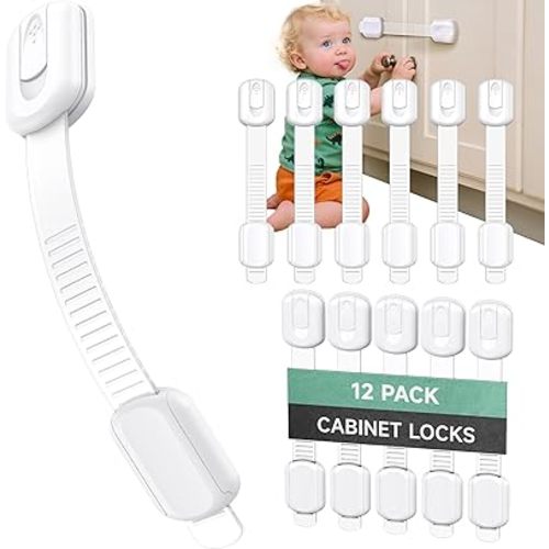 Infinno 12 Pack Cabinet Locks Baby Proofing Heavy Duty - Child Safety Cabinet Locks for Drawers, Cupboards & Fridge – No Drill 3M Adhesive Locks for Pets - Toddler Safety Latches
