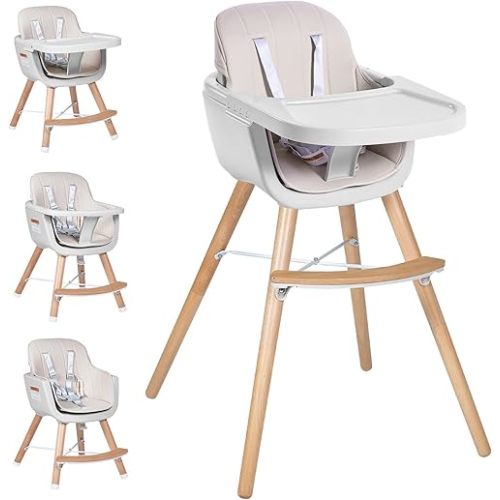 High Chairs for Babies and Toddlers,3 in 1 Convertible Wooden highchair, Baby High Chair with Adjustable Legs,5 Point Harness, Footrest, Dishwasher-Safe Tray & PU Leather Cushion, Beige