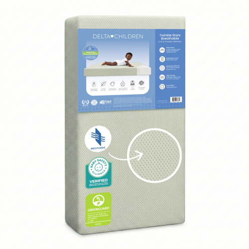 Delta Children Twinkle Stars Breathable Baby Bed Crib Mattress and Toddler Mattress with Removable/Machine Washable Cover - GREENGUARD Gold – Waterproof - Sustainably Sourced Core Fiber Core, Green