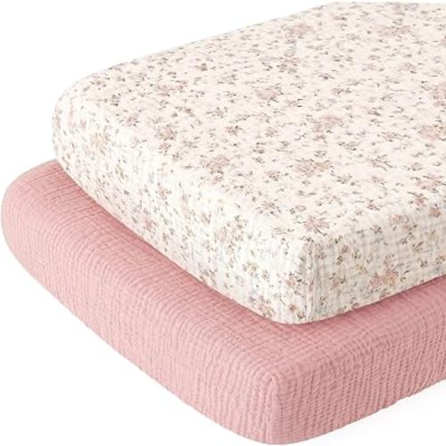 2 Pack Muslin Bassinet Sheets for Boy Girl - 20” x 33” Neutral Bassinet Fitted Sheets for Rectangle Bassinet Bedside Sleeper Mattress - Soft Breathable Cotton Baby Sheets - Dusty Pink & Floral