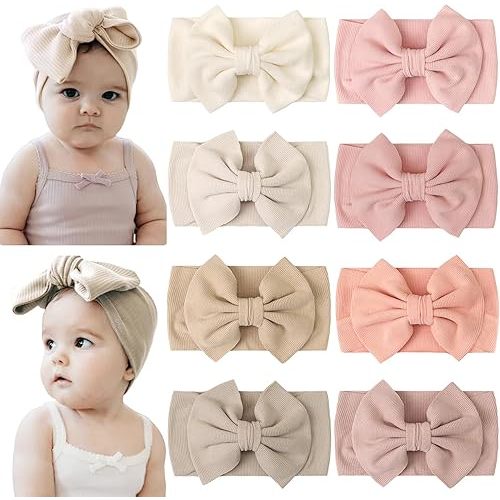 CÉLLOT 8 Colors Super Stretchy Soft Knot Baby Girl Headbands with Hair Bows Nylon Head Wrap For Newborn Baby Girls Infants Toddlers Kids