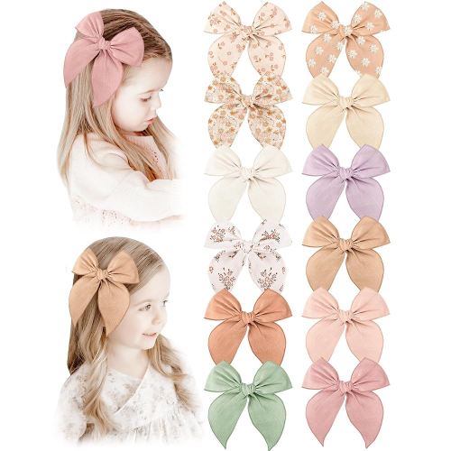 Niceye Fable Girls Hair Bows Cotton Linen Alligator Hair Clips or Little Girls Toddlers Kids Neutral Handmade Hair Accessories - 5.5” bow