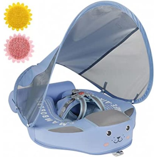 Baby Pool Float with Canopy UPF 50+, Non Inflatable Mambobaby Float, Baby Floaties for Infants Swimming Training, No Flip Over Baby Swimming Float