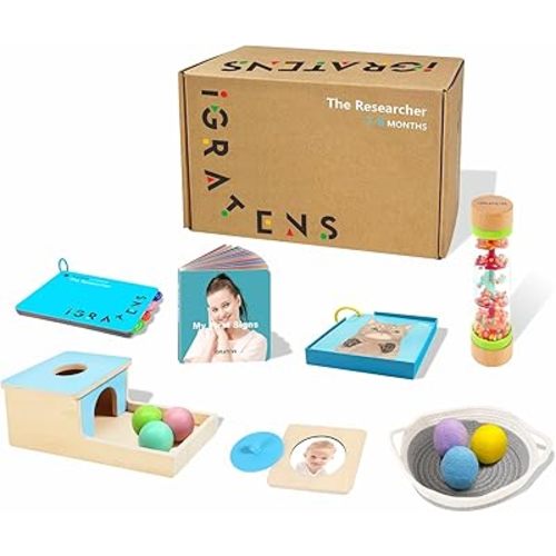 Montessori Toys for Babies 7-8 Months, Wooden Montessori Toys, Includes Object Permanence Box, Balls, Rainmaker, Peek-a-Zoo Puzzle, Texture Cards, First Signs, Play Guide, Treasures Basket